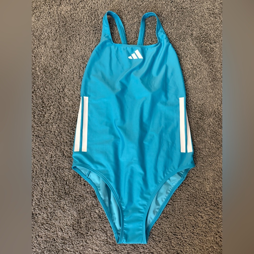 Adidas Women’s Lucid Cyan and White 3S BLD One-Piece Swimsuit